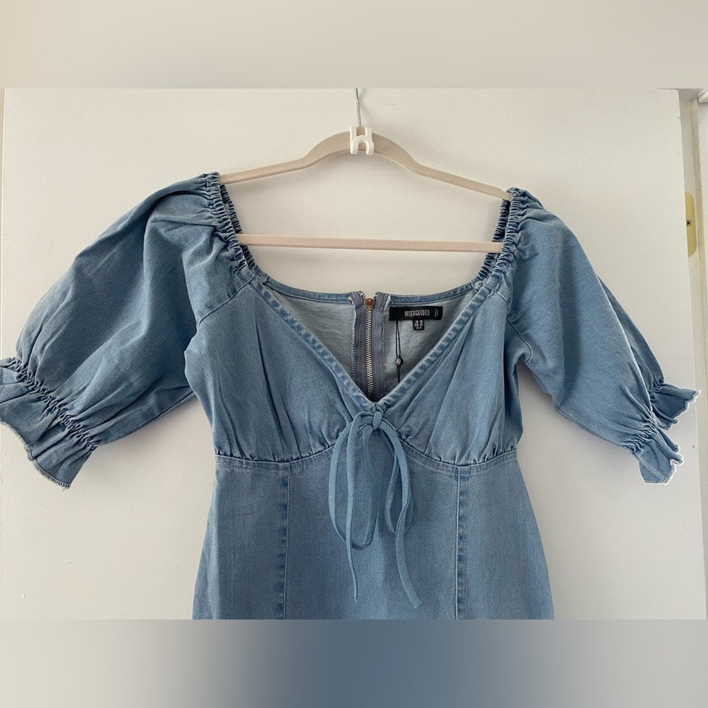 Missguided Blue Tie Front Milkmaid Denim Mini Dress size US 6 in blue - Picture 2 of 6